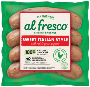 AL FRESCO JUMBO SMOKED SWEET ITALIAN CHICKEN SAUSAGE W. BELL PEPPERS 11oz @ .34 WALMART AL FRESCO JUMBO SMOKED SWEET ITALIAN CHICKEN SAUSAGE W. BELL PEPPERS