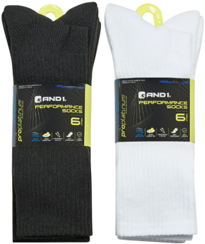 AND1 UNISEX ANY STYLE CUSHION PERFORMANCE SOCKS – 6PK BLK / WHT