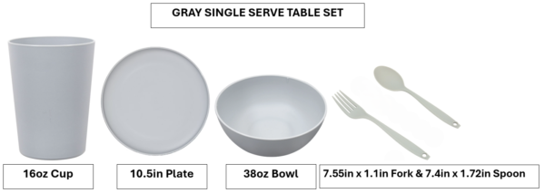 MS GRAY SINGLE SERVE TABLE SET - CUP, PLATE, BOWL, SPOON & FORK
