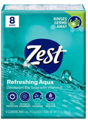 ZEST REFRESHING DEODORANT SOAP- AQUA SCENT 8 - 4oz BARS