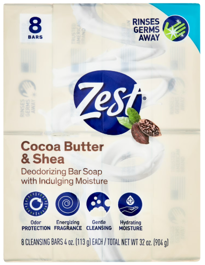 ZEST REFRESHING DEODORANT SOAP- COCOA BUTTER & SHEA SCENT 8 - 4oz BARS