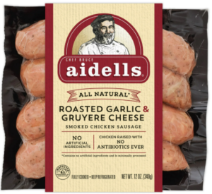 AIDELLS JUMBO ROASTED GARLIC & GRUYERE CHEESE SMOKED CHICKEN SAUSAGE