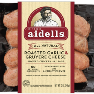 AIDELLS JUMBO ROASTED GARLIC & GRUYERE CHEESE SMOKED CHICKEN SAUSAGE