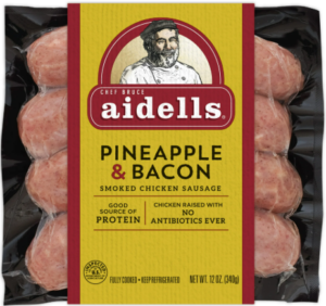 AIDELLS JUMBO PINEAPPLE & BACON SMOKED CHICKEN SAUSAGE