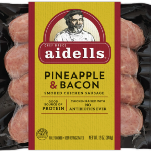 AIDELLS JUMBO PINEAPPLE & BACON SMOKED CHICKEN SAUSAGE