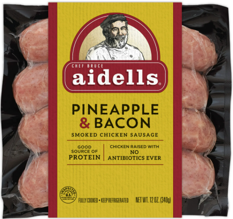 AIDELLS JUMBO PINEAPPLE & BACON SMOKED CHICKEN SAUSAGE